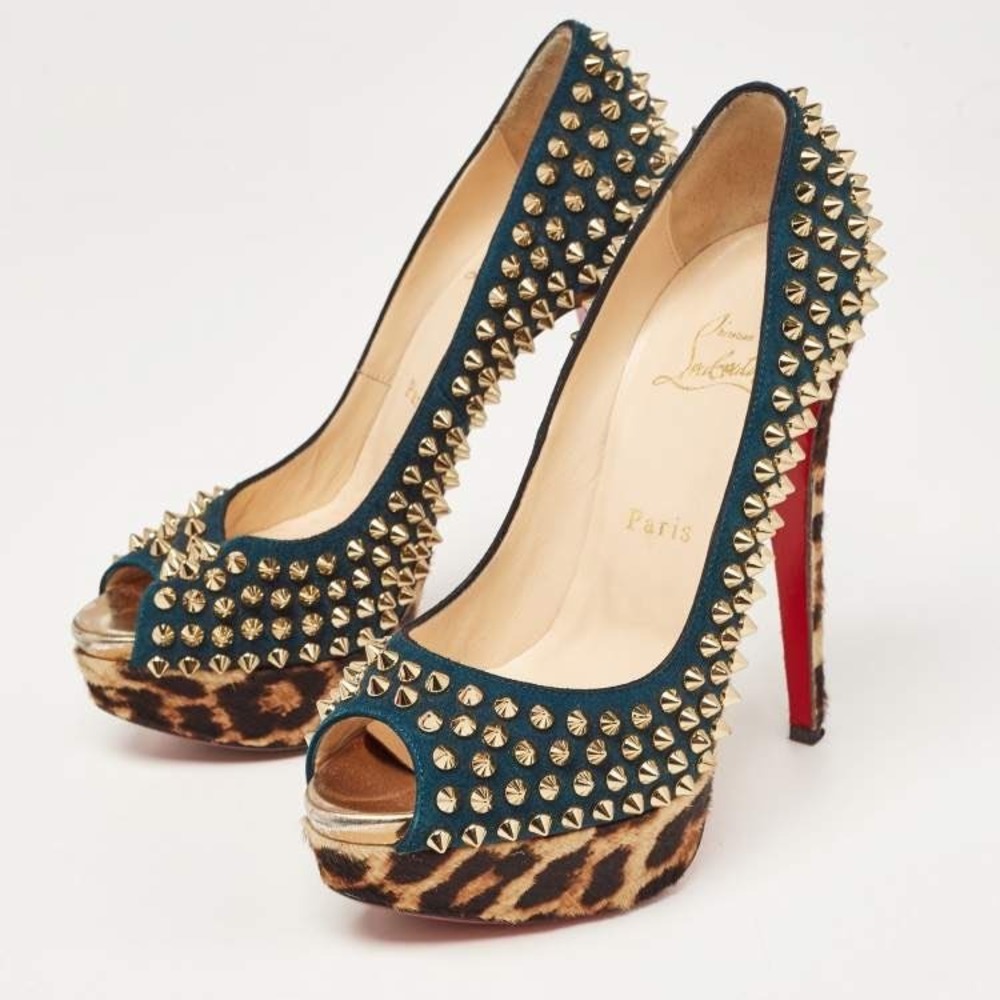 Christian Louboutin Lady Peep Spikes Blue Bronze Pony Hair Heels EU 38 US 8‎